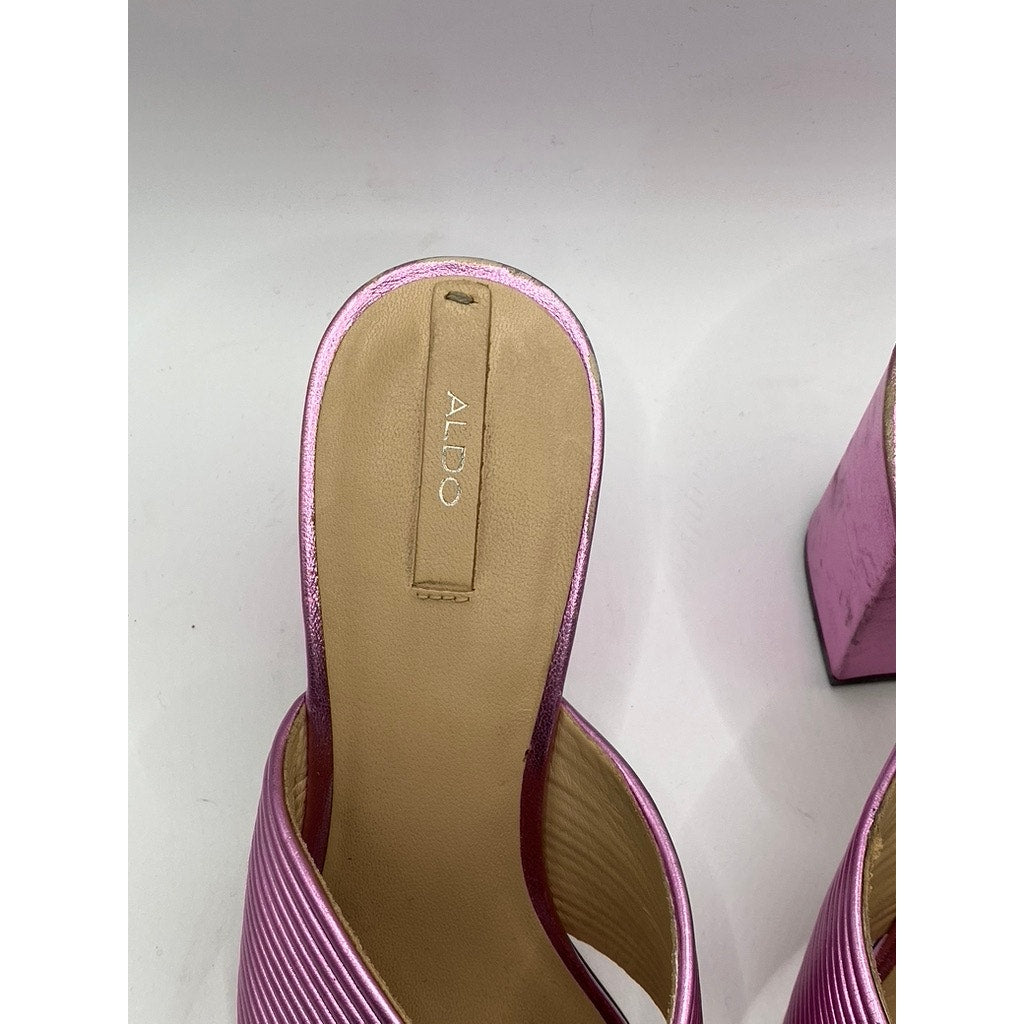 ALDO Women's Pink Metallic Round Peep-Toe Slip-On Block Heel Sandals SZ 7.5