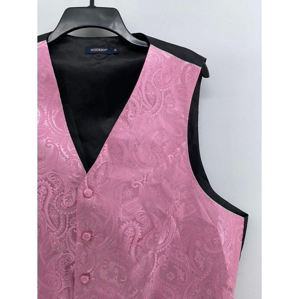 HISDERN Men's Black-Pink Paisley Print 5-Button Suit Vest SZ XL