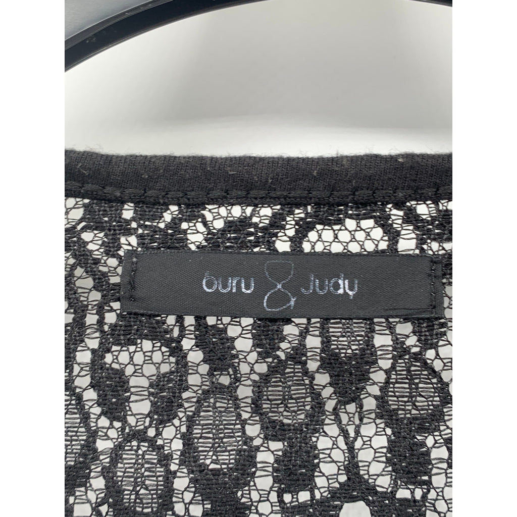 BURU & JUDY Women's Black Lace Scoop-Neck Short Sleeve Relaxed Fit Top SZ M