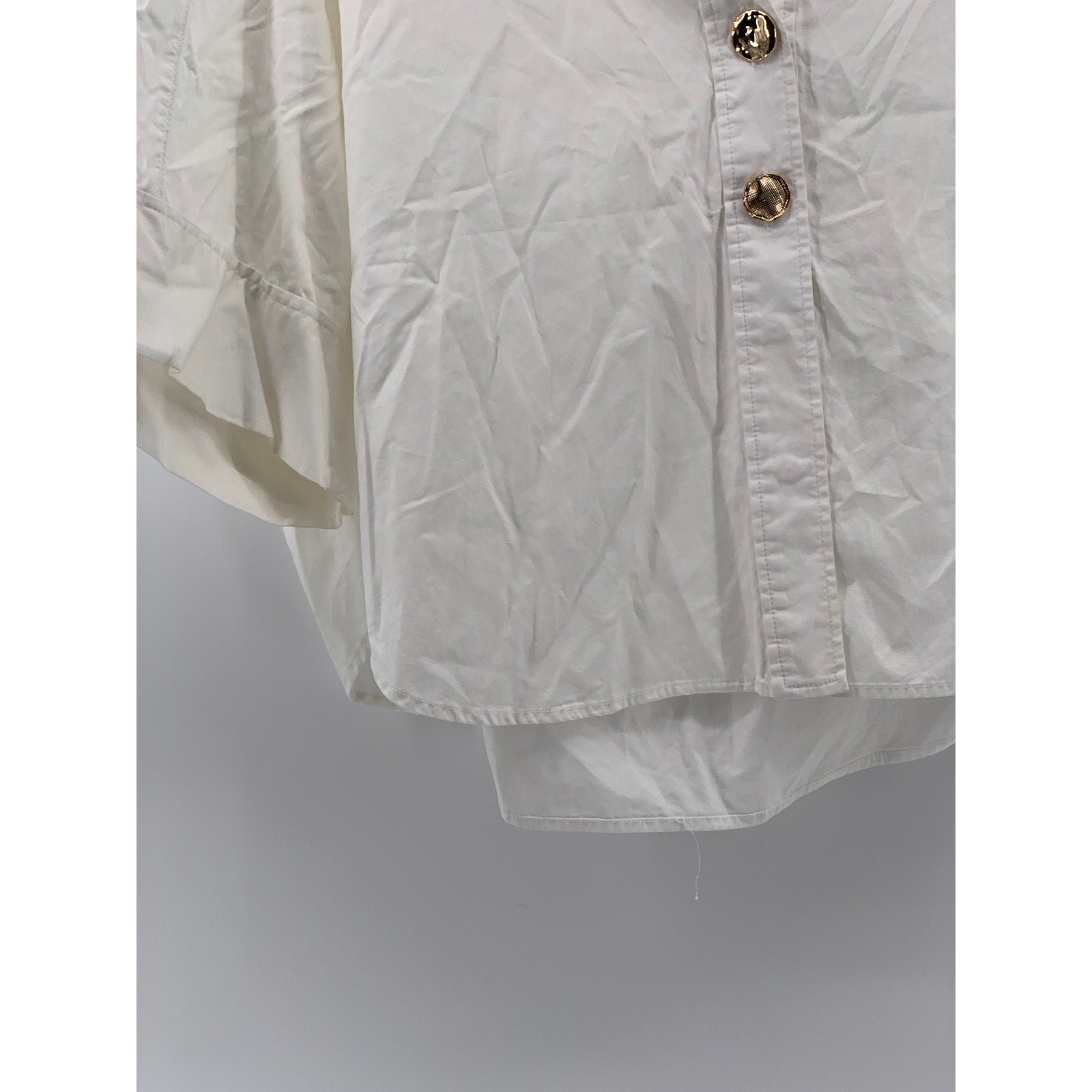 ZARA Women's White Solid Two-Button V-Neck Short Rolled Sleeve Top SZ M