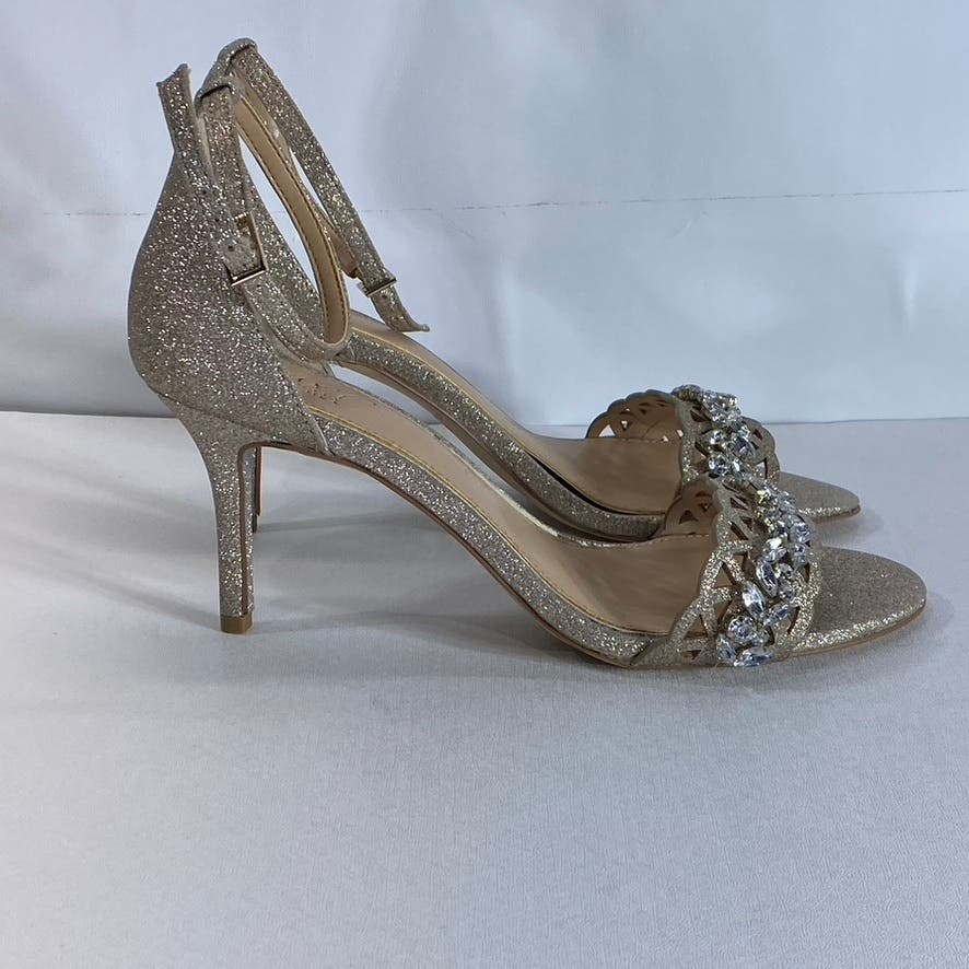 JEWEL BADGLEY MISCHKA Women's Gold Glitter Kirsten Laser Cut Sandals SZ 9