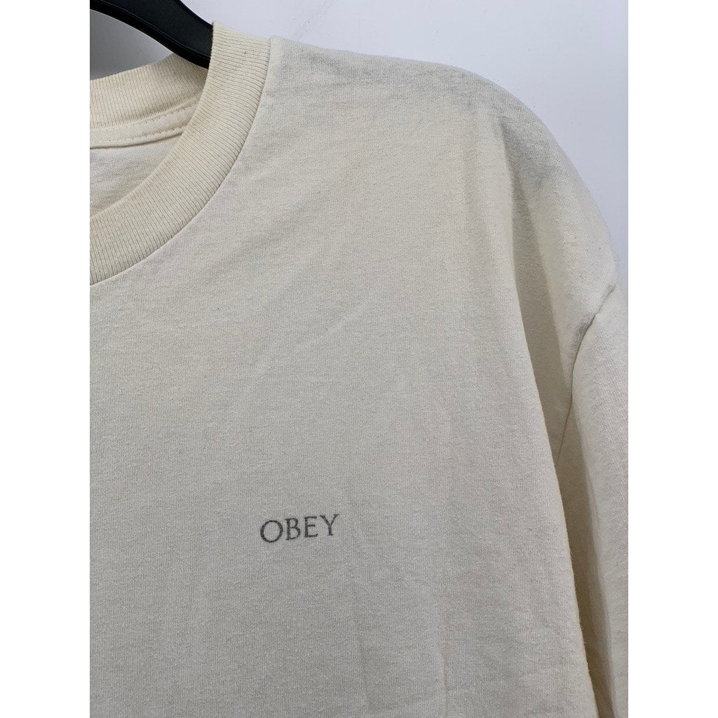 OBEY Men's Off-White Casual Logo Mandala Print Crewneck Short Sleeve T-Shirt SZL