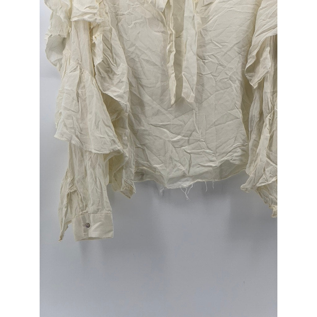 ZARA TRAFALUC COLLECTION Women's Off-White Tie-Neck Long Ruffle Sleeve Top SZ XL