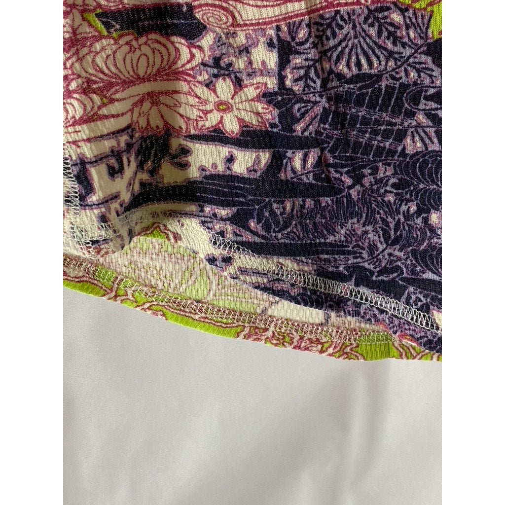 LUEFAY TEES Women's Beige-Multi Scoop-Neck Elbow-Sleeve Lightweight Top SZ M