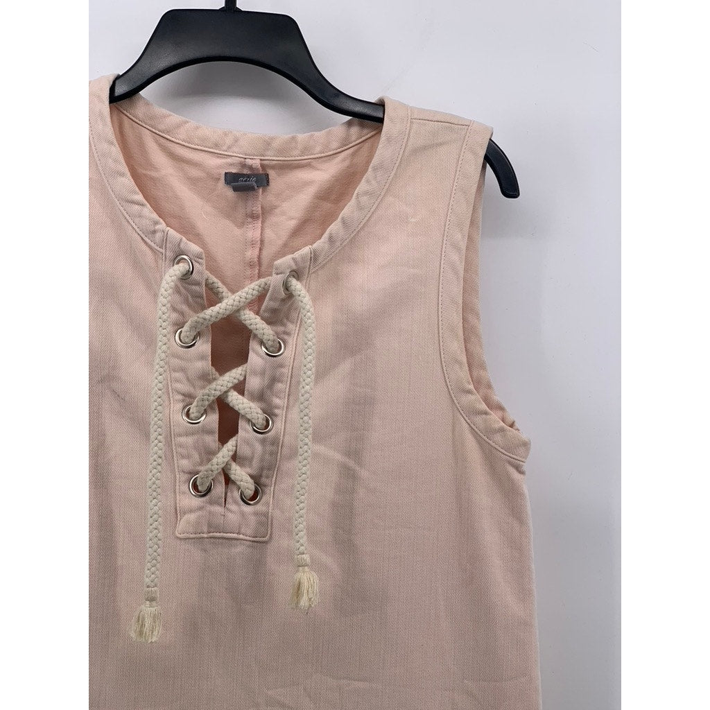 AERIE Women's Light Pink Lace-Up Neck Ruffle-Hem Sleeveless A-Line Dress SZ S