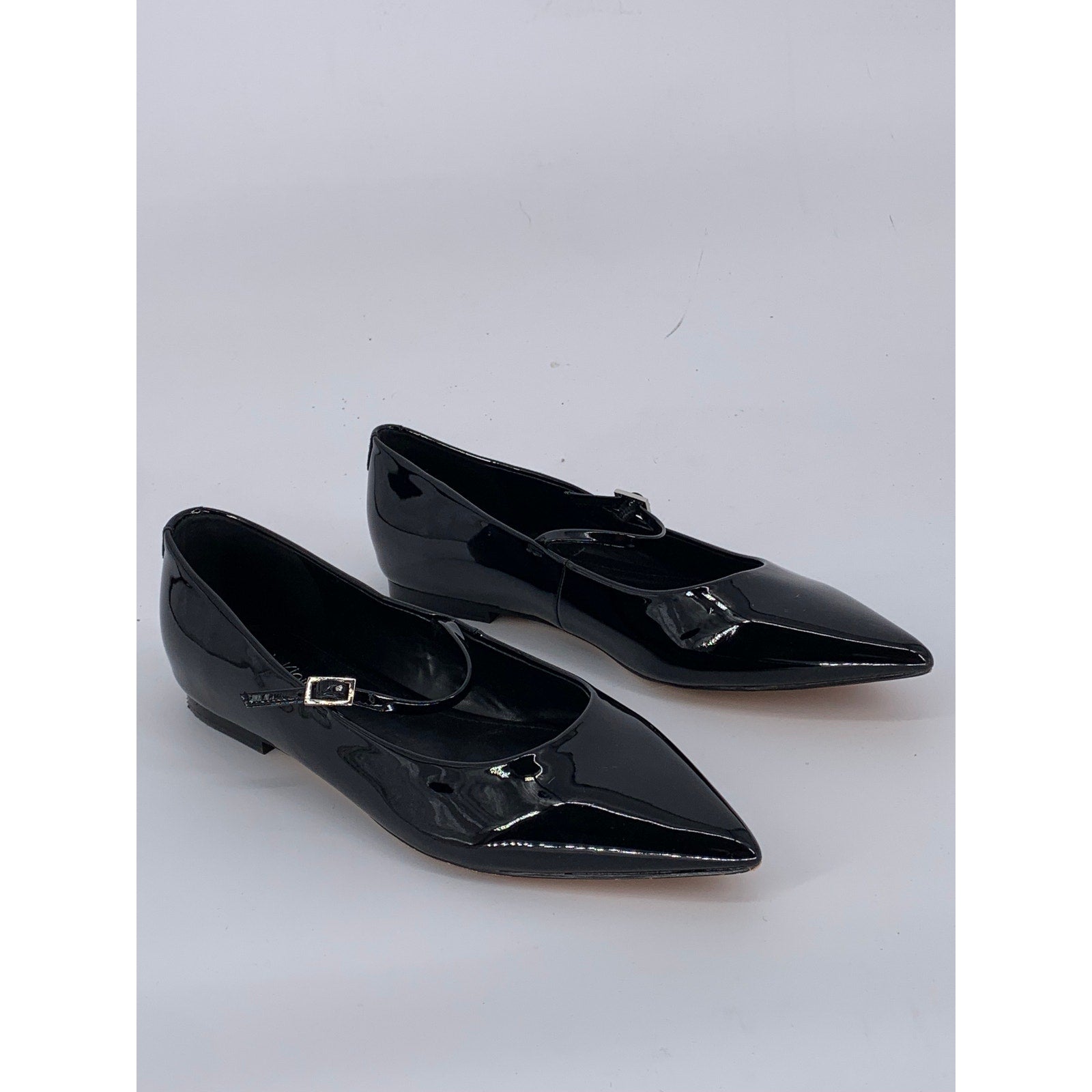 CALVIN KLEIN Women's Black Patent Leather Pointed-Toe Ankle Strap Flats SZ 8.5