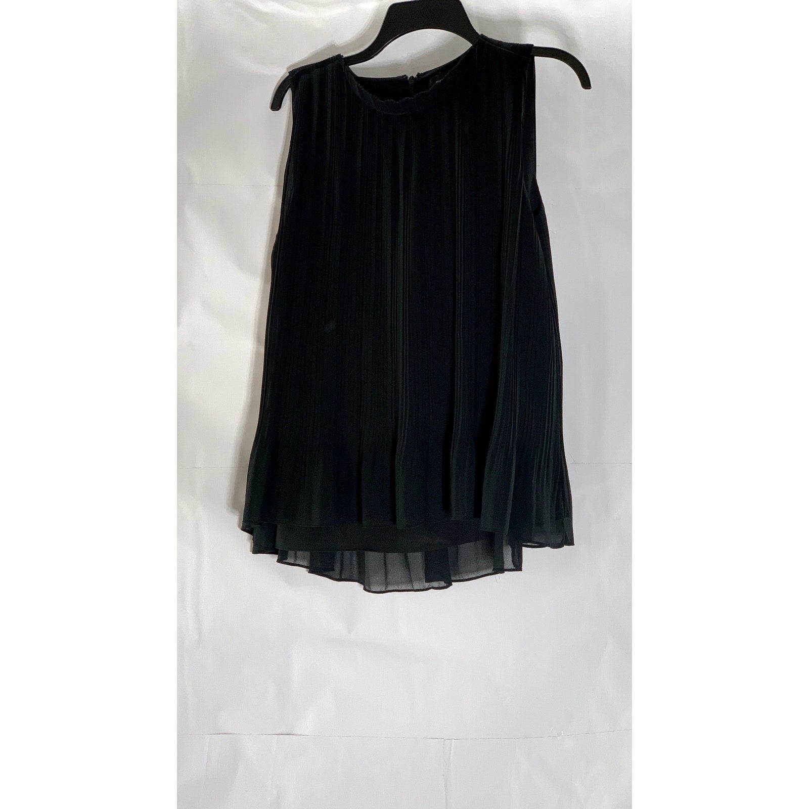 CLUB MONACO Women’s Black Sheer Pleated Crewneck Sleeveless Relaxed-Fit Top SZ S