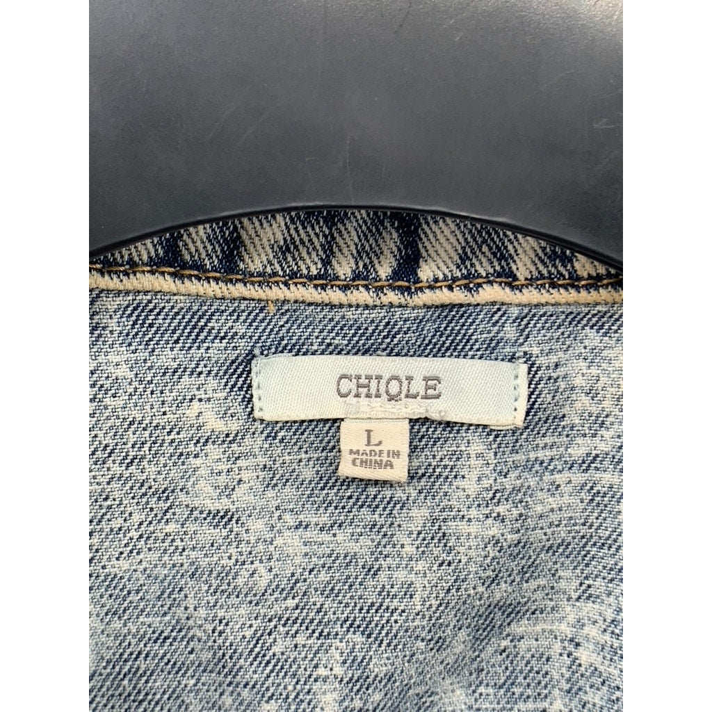CHIQLE Women's Blue Denim Architect Distressed Button-Up Sleeveless Vest SZ L