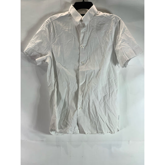 PERRY ELLIS Men's White Textured Dot Stretch Regular-Fit Button-Up Shirt SZ S