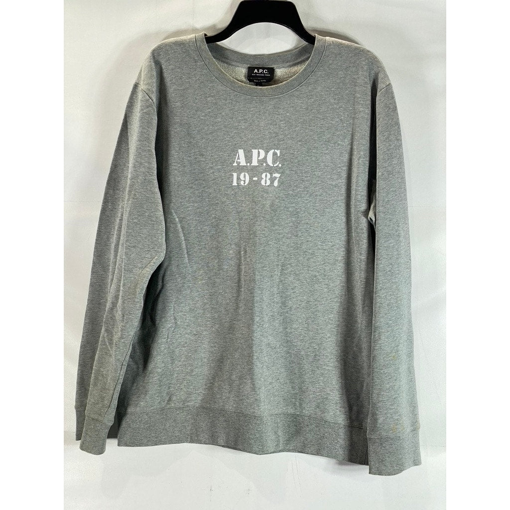 A.P.C RUE MADAME PARIS Men's Heather Gray APC19-87 Logo Crewneck Sweatshirt SZXL