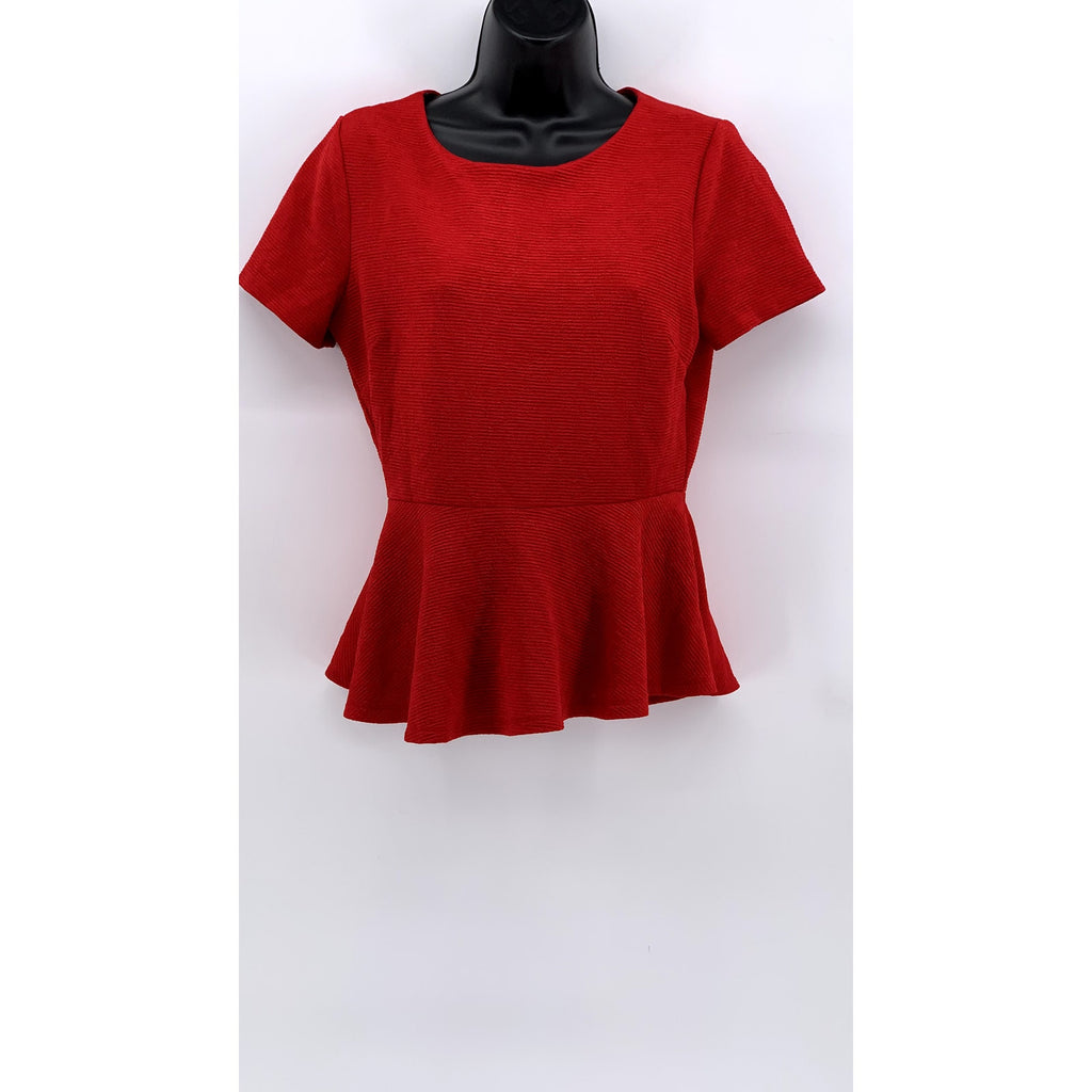 FOREVER 21 Women's Red Crewneck Short Sleeve Ruffle-Hem Top SZ M