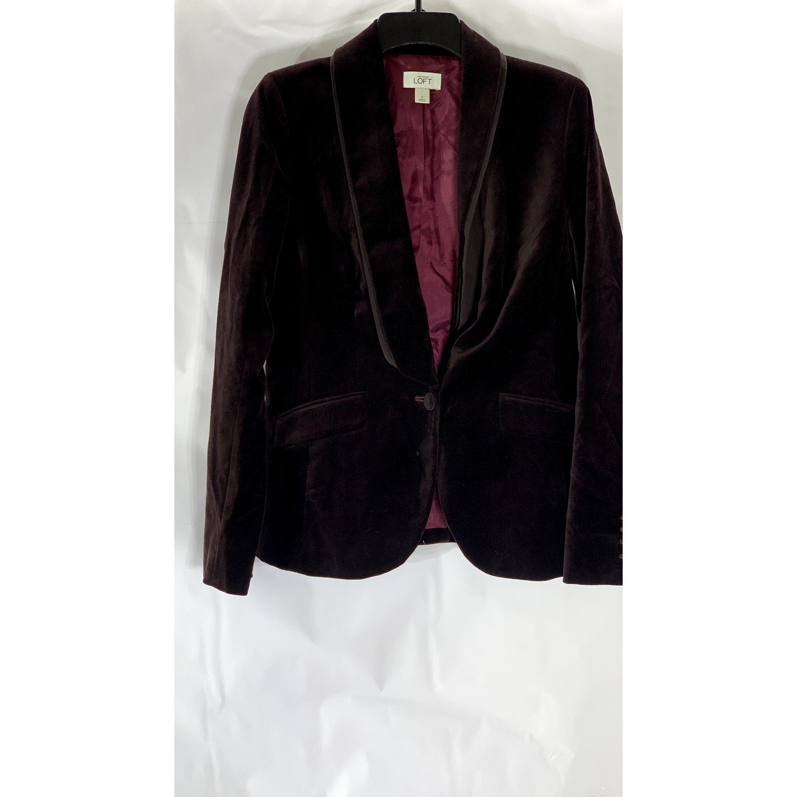 ANN TAYLOR LOFT Women's Burgundy Velvet Shawl Collar One-Button Blazer SZ 4