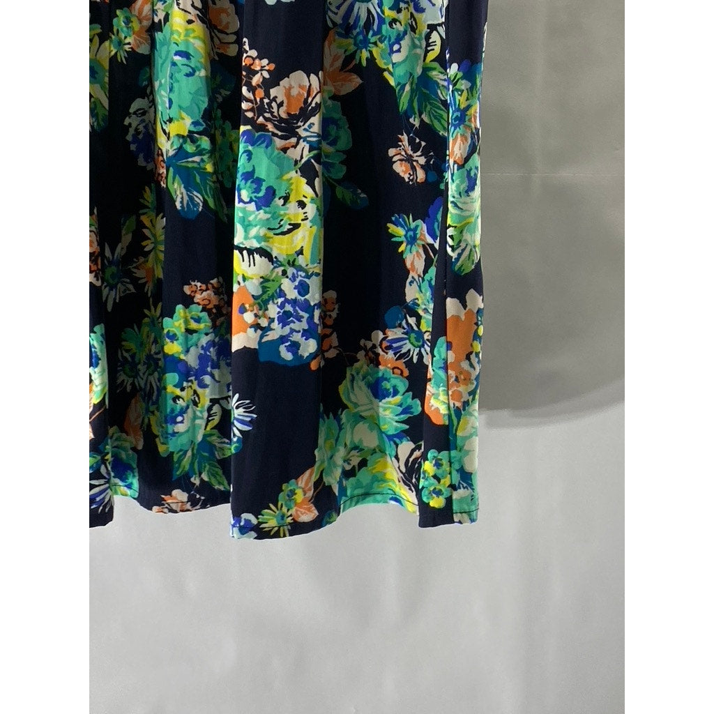 AMBIANCE APPAREL Women’s Navy Blue-Green Floral Print Elastic Waist Mini Skirt L