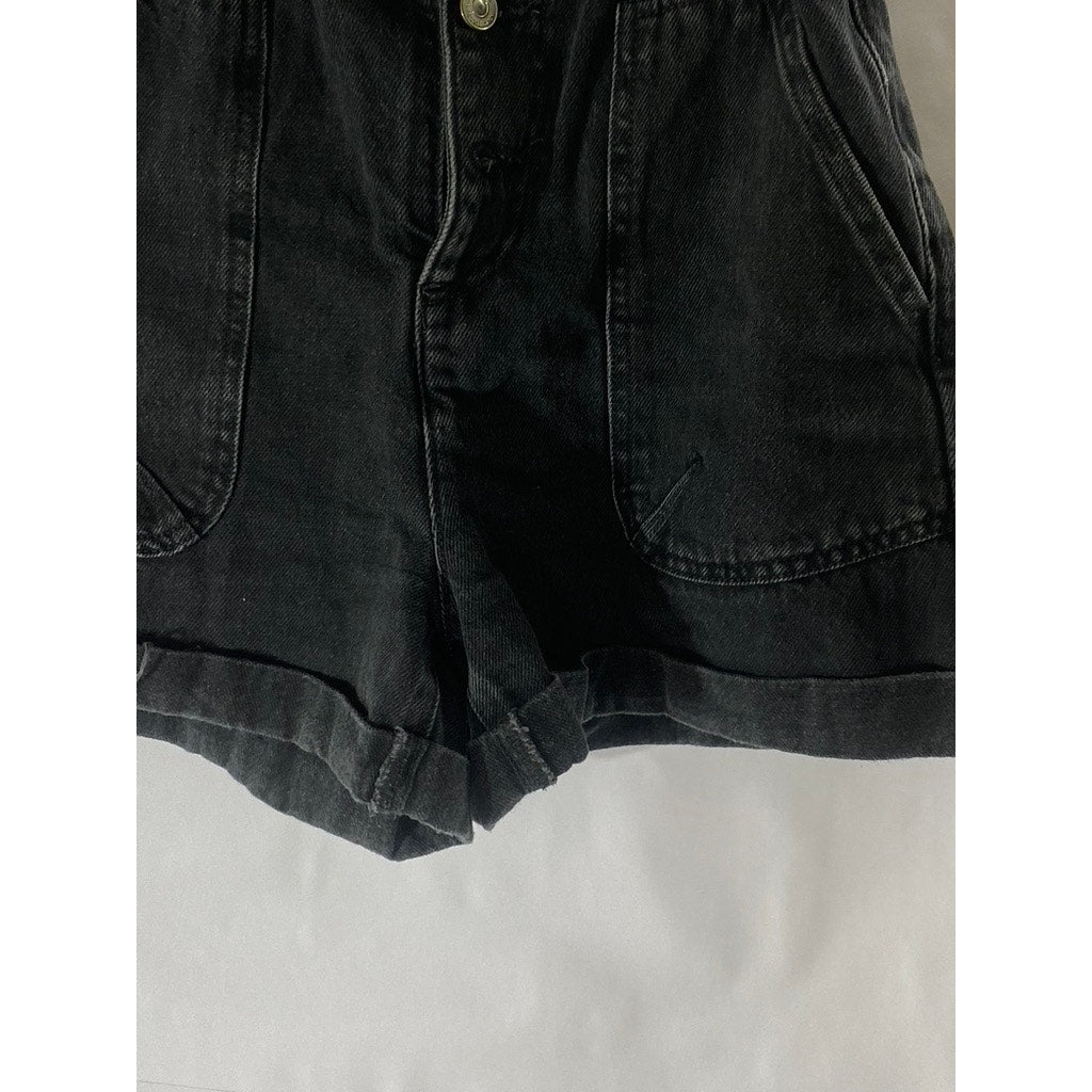 ZARA Women's Black Ruffle-Elasticized Waist Denim Cuffed Paperbag Shorts SZ 34