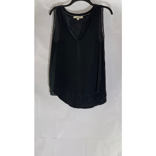 LOFT Women's Black V-Neck Cutout Knit Trim Sleeveless Sheer Top SZ S
