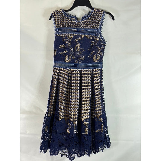 AQUA Women's Navy/Nude Eyelet Lace-Trim Sleeveless A-Line Mini Dress SZ S