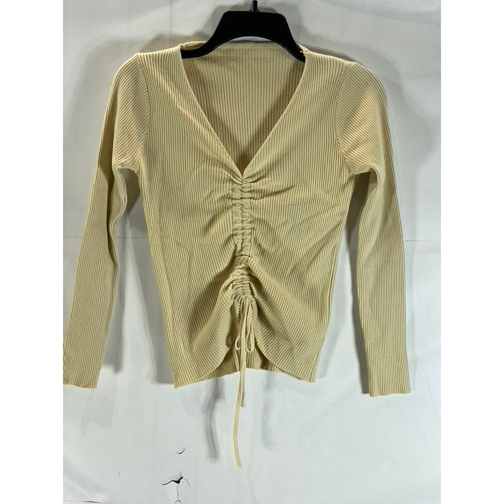 UNBRANDED Women's Beige Ribbed V-Neck Cinched Long Sleeve Top SZ S