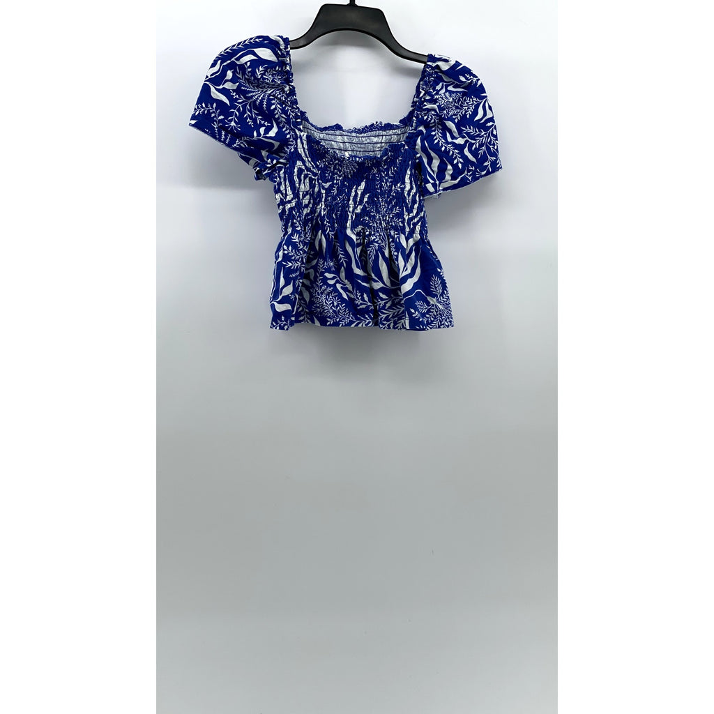 UNBRANDED Women's Dark Blue Printed Smocked Puff Short Sleeve Top SZ S