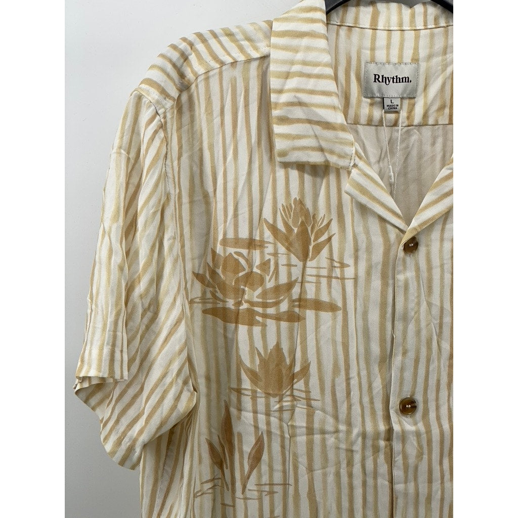 RHYTHM Men’s Camel Lily Stripes Cuban Button-Up Short Sleeve Shirt SZ L
