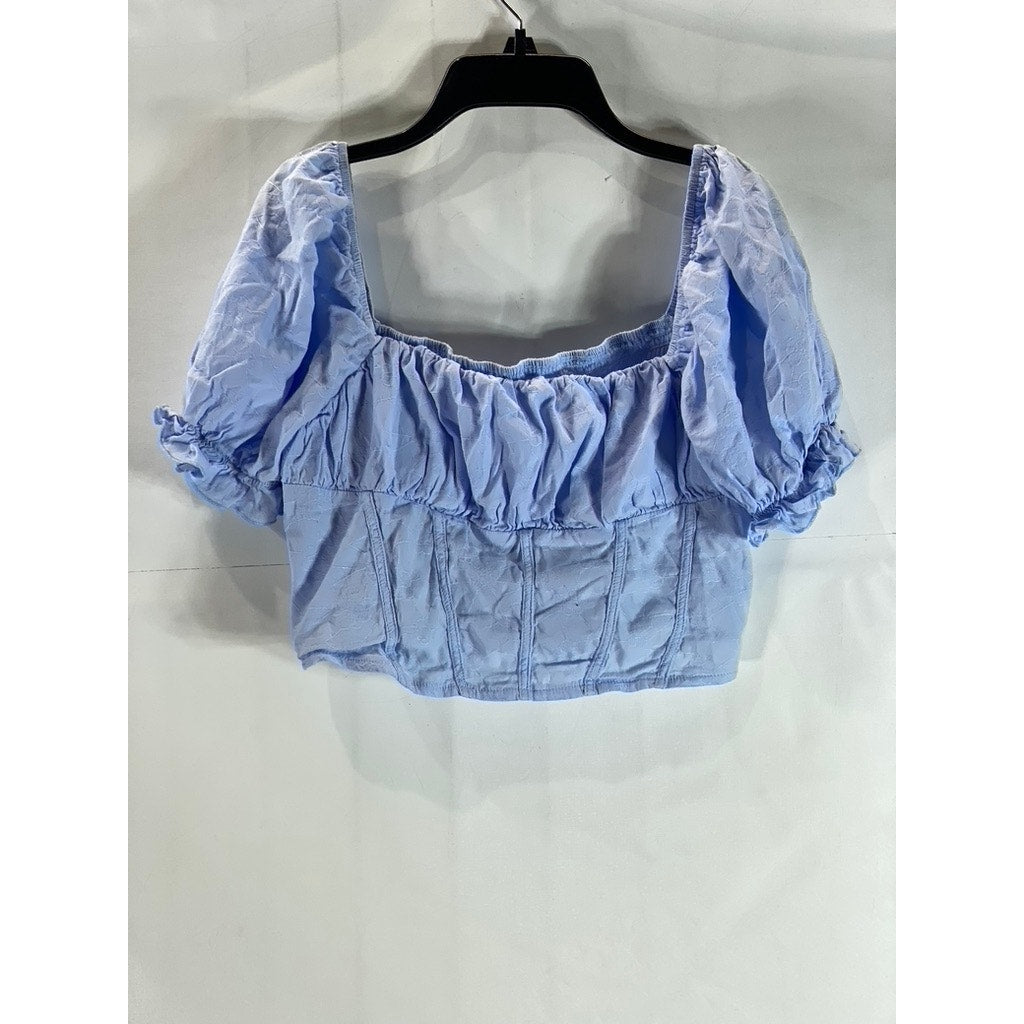 UNBRANDED Women's Light Blue Puff-Sleeve Smocked Crop Top SZ S