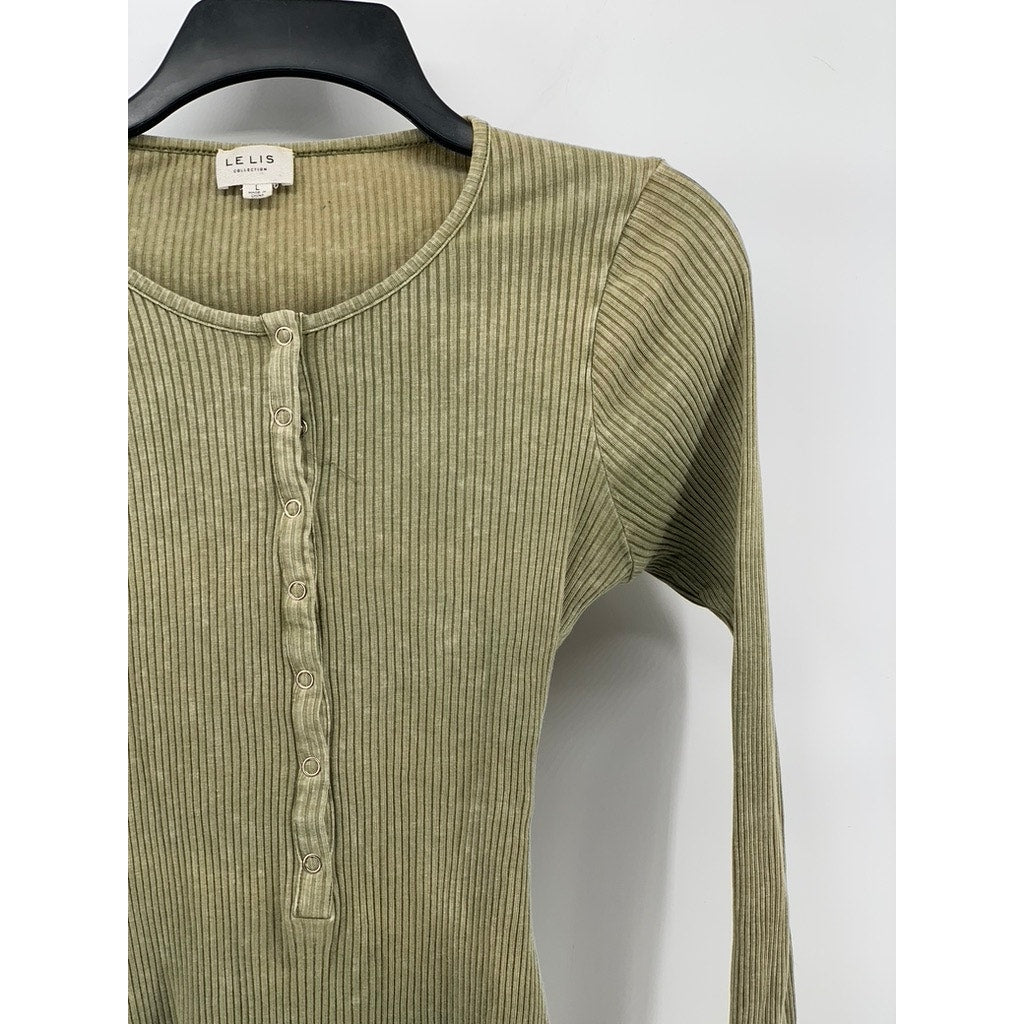 LE LIS Women's Green Ribbed Button-Front Long Sleeve Thong Bodysuit SZ L