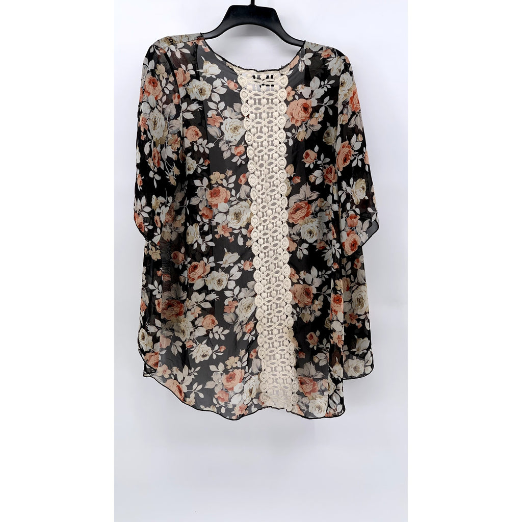 VIBE SPORTSWEAR Women's Black-Beige Floral Print Open-Front Kimono SZ S