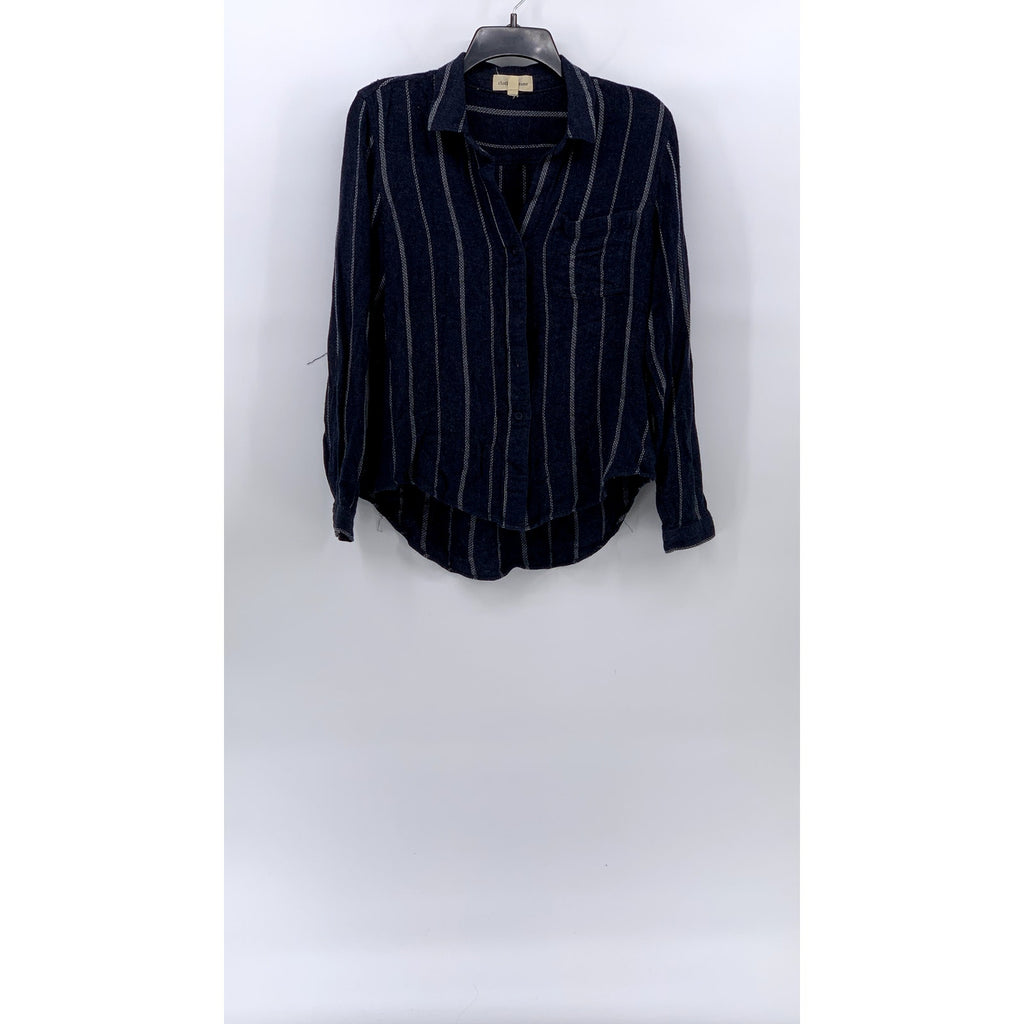 CLOTH & STONE Women's Navy Button-Up Long Sleeve Striped Tulane Top SZ S