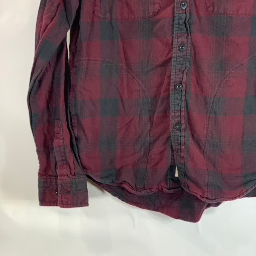 ABERCROMBIE & FITCH Men's Burgundy/Black Plaid Button-Up Hooded Shirt SZ L