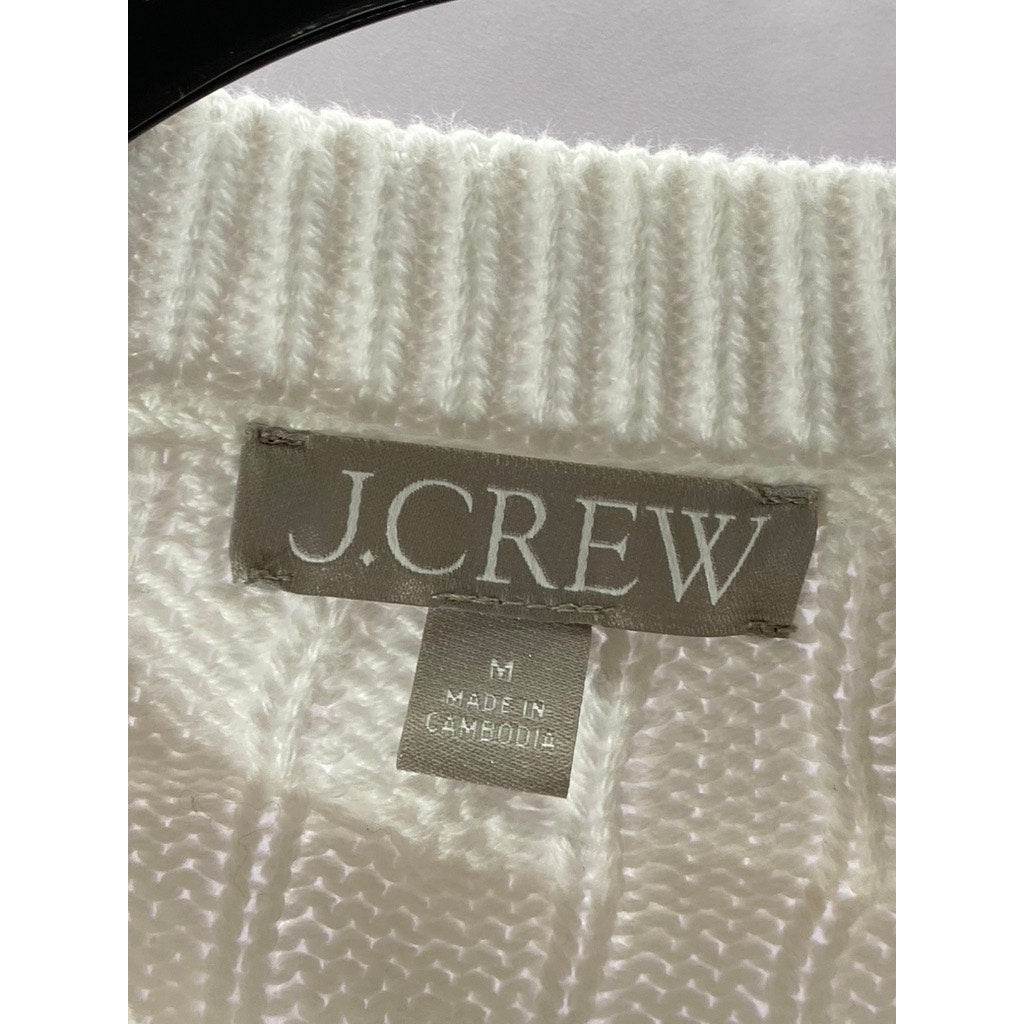 J.CREW Women's White Cable-Knit Crewneck Long Sleeve Cropped Sweater SZ M