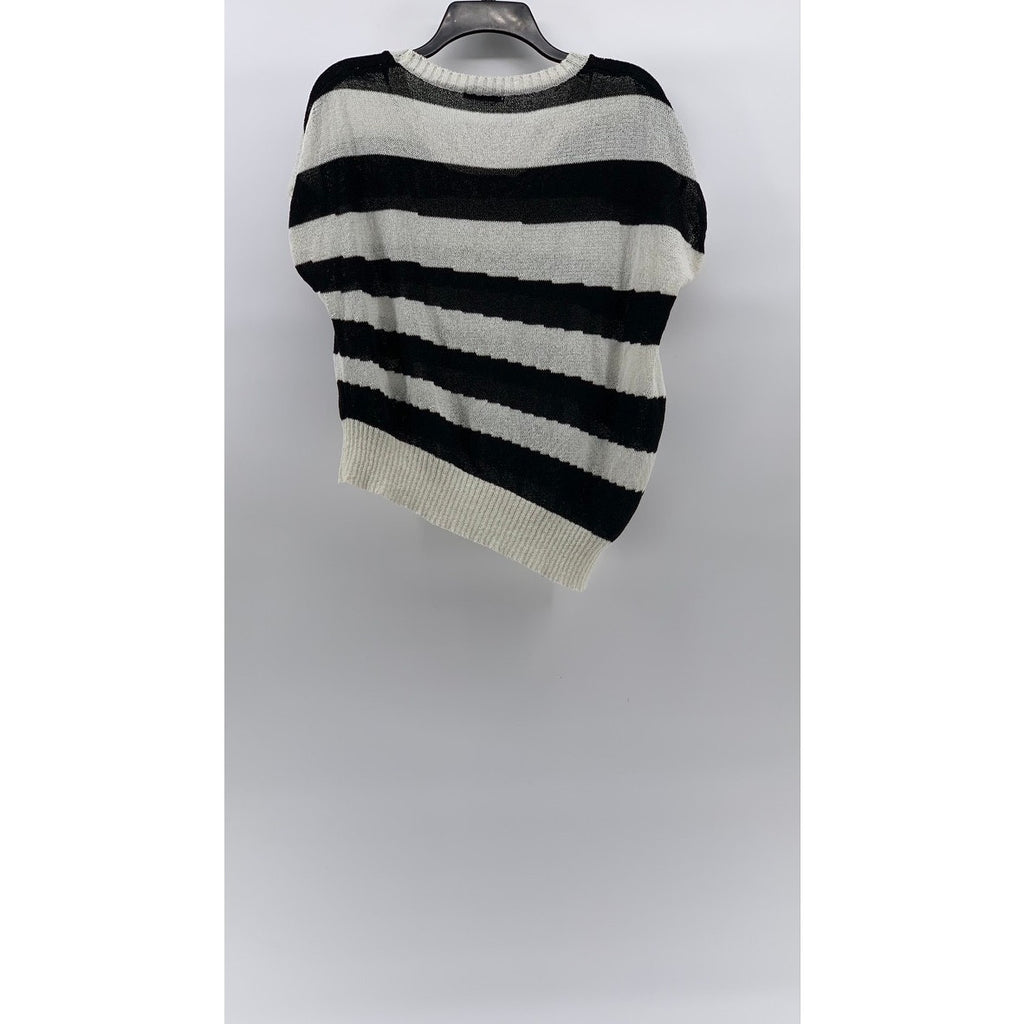 LX STUDIOS Women's Black-Cream Striped Crewneck Asymmetrical Hem Knit Top SZ S