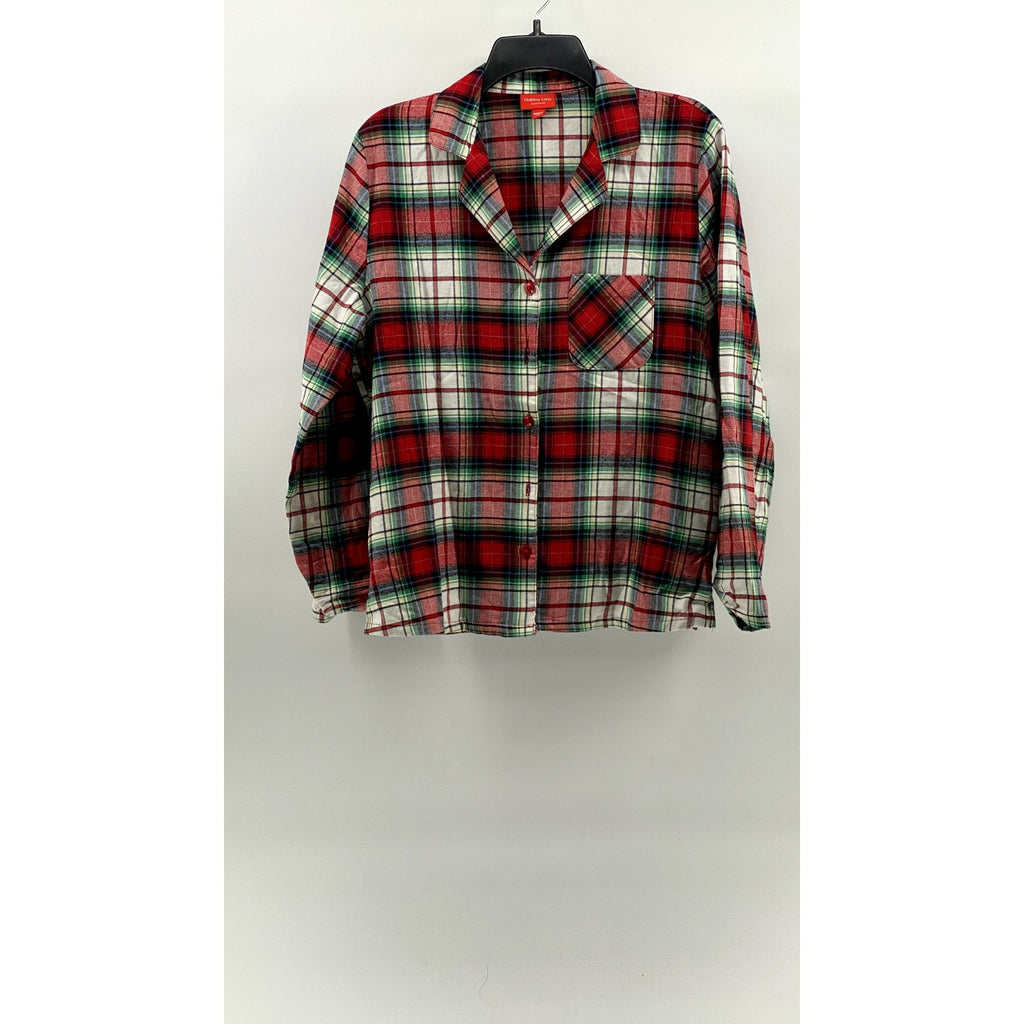 HOLIDAY LANE Women's Green-Red-White Plaid Flannel Button-Up Pajama Top SZ S
