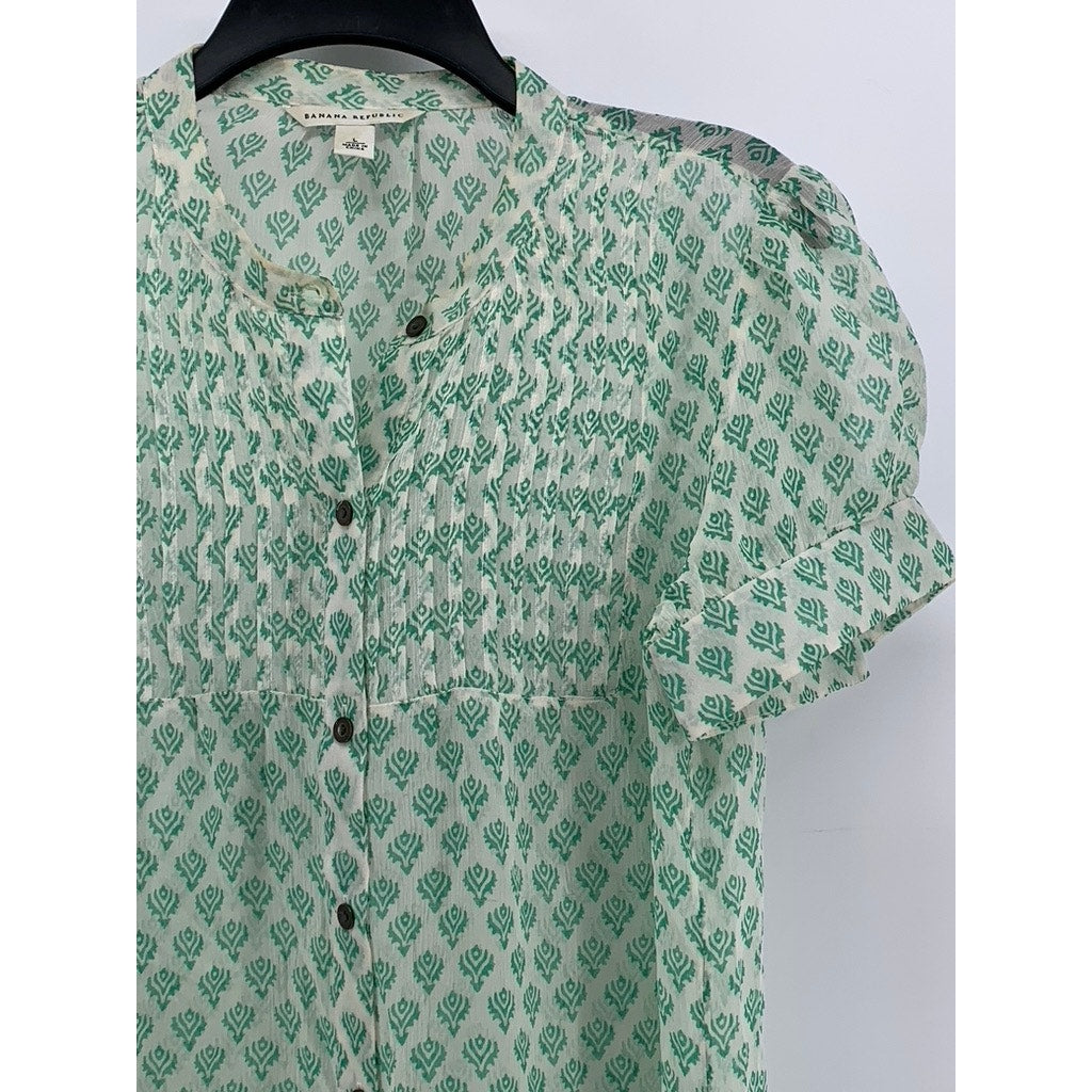 BANANA REPUBLIC Women's White-Green Printed Pintuck Button-Up Silk Top SZ L