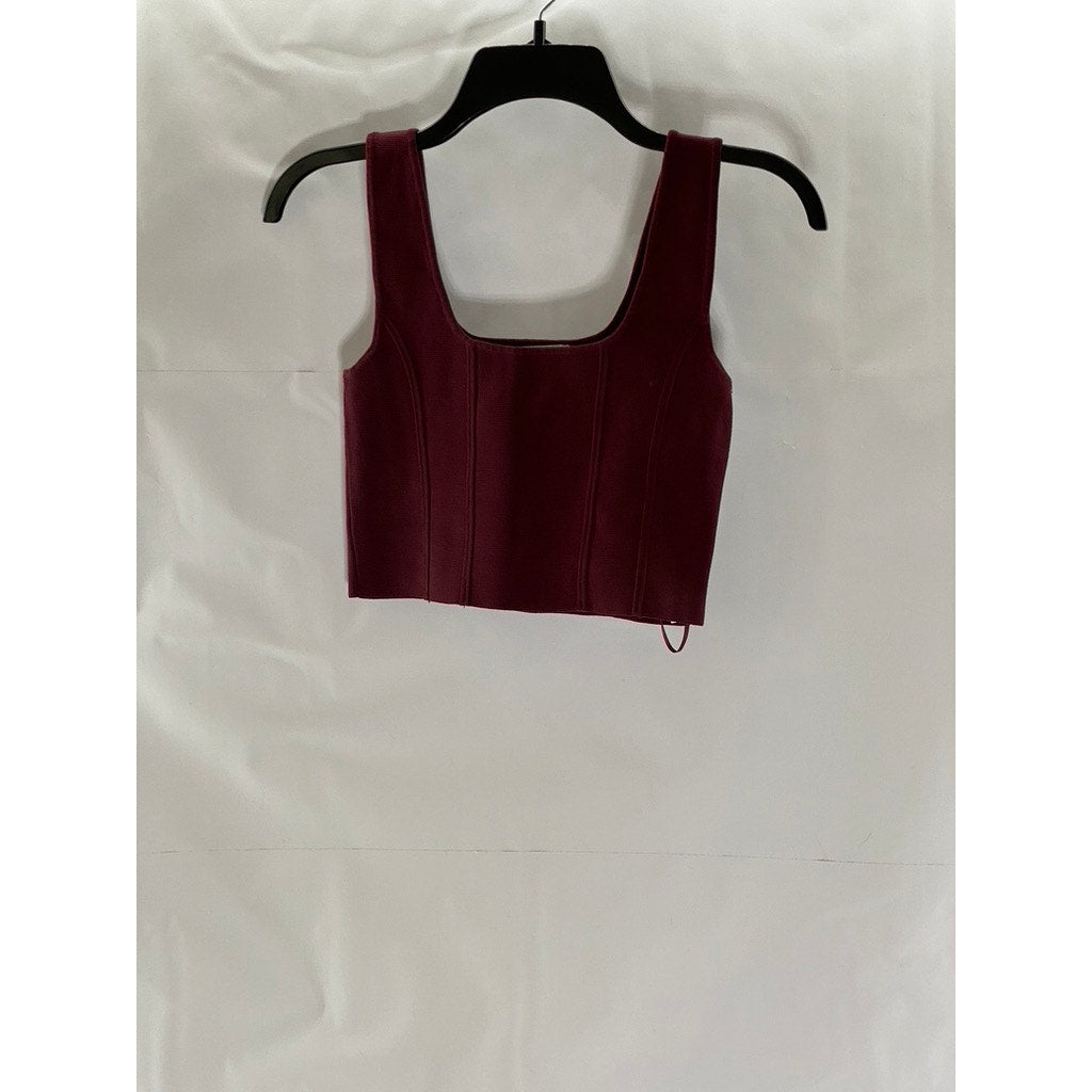 ZARA Women's Burgundy Textured Square-Neck Thick Strap Fitted Crop Top SZ S