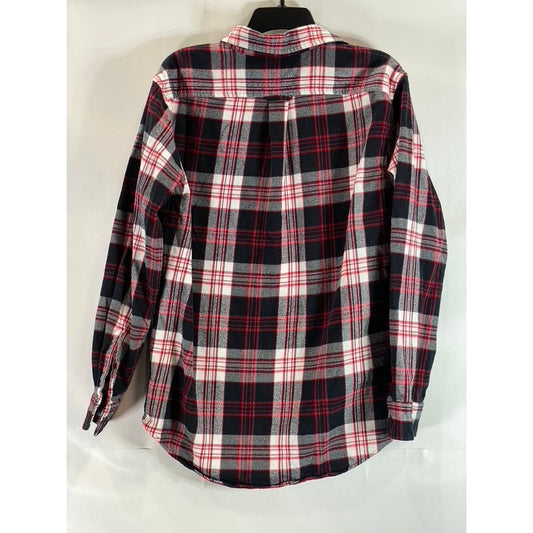 LANDS' END Men's Red/Black Plaid Traditional-Fit Button-Up Long Sleeve Shirt SZM
