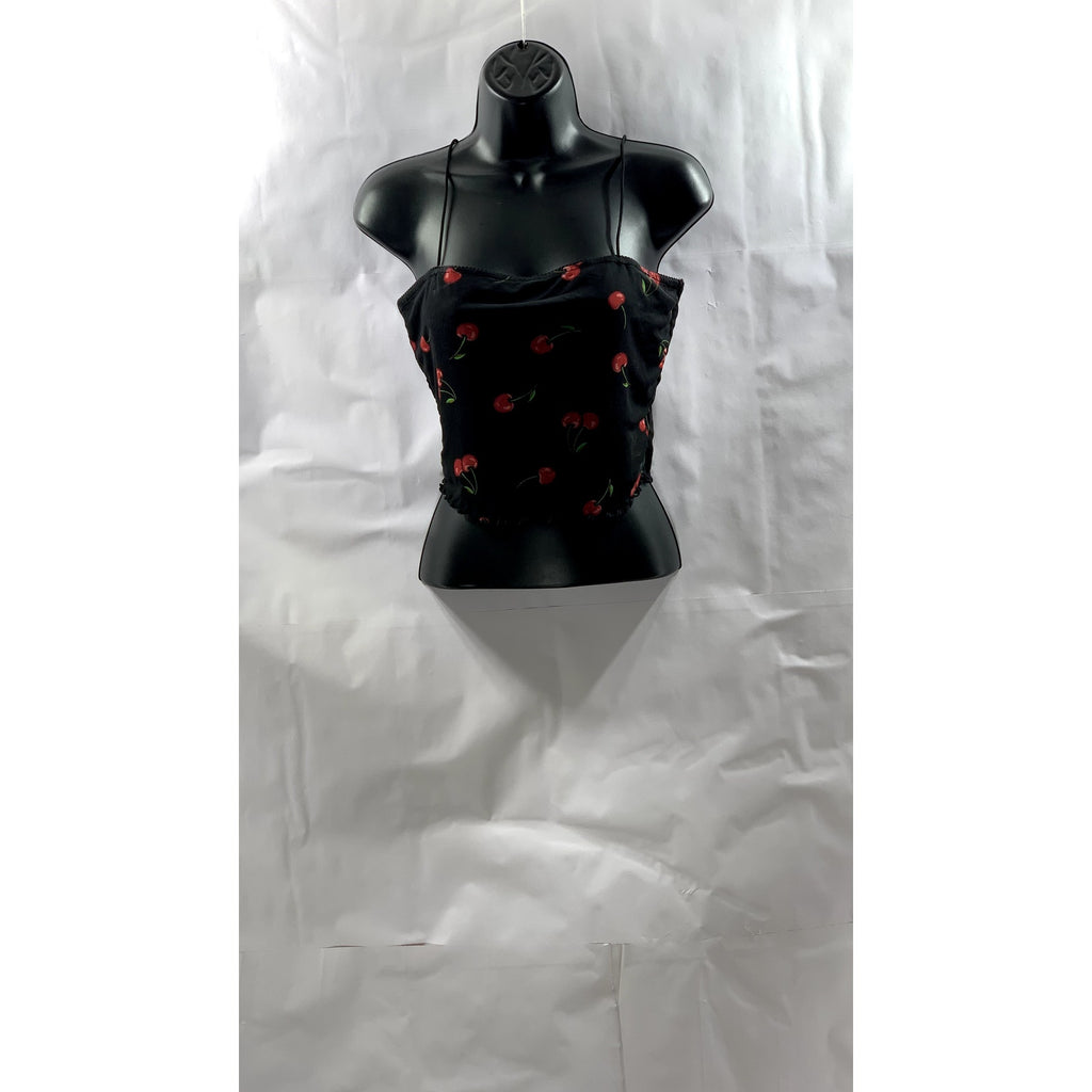 BEAR DANCE Women's Black Cherry Print Mesh Cami Crop Top SZ L