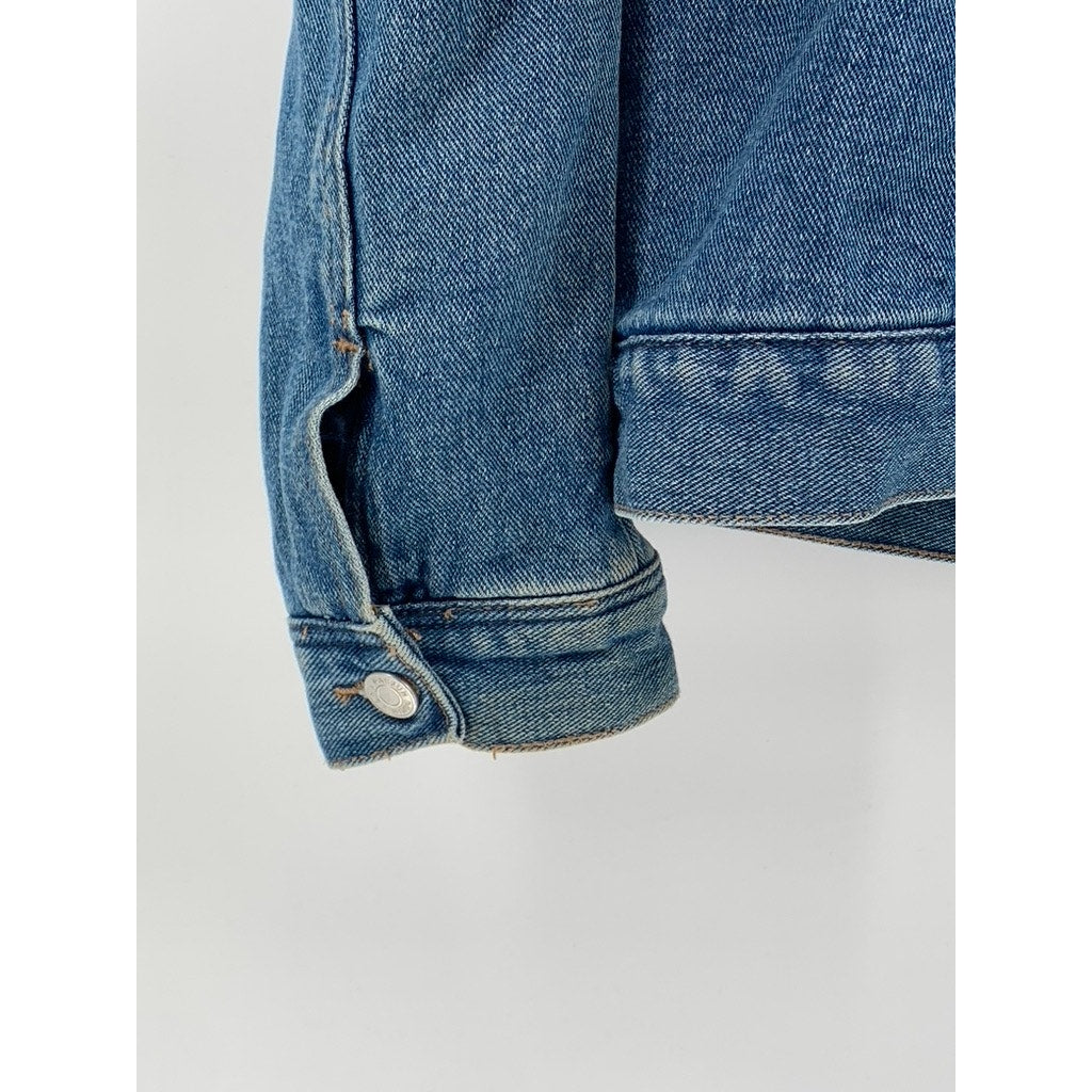 PACSUN Women's Dark Blue Denim Button-Up Sherpa Oversized Trucker Jacket SZ L