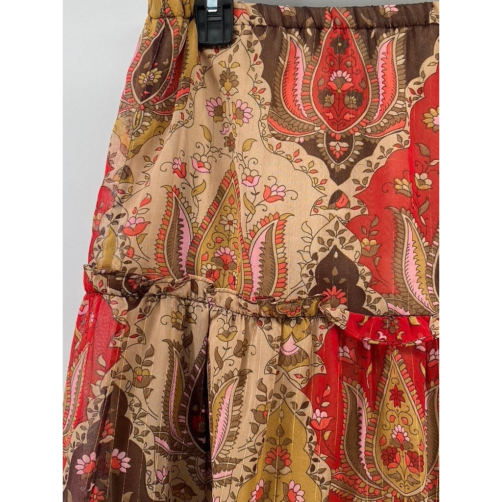 ZERO ZERO Women's Red-Tan Printed Tiered A-Line Knee Length Skirt SZ M