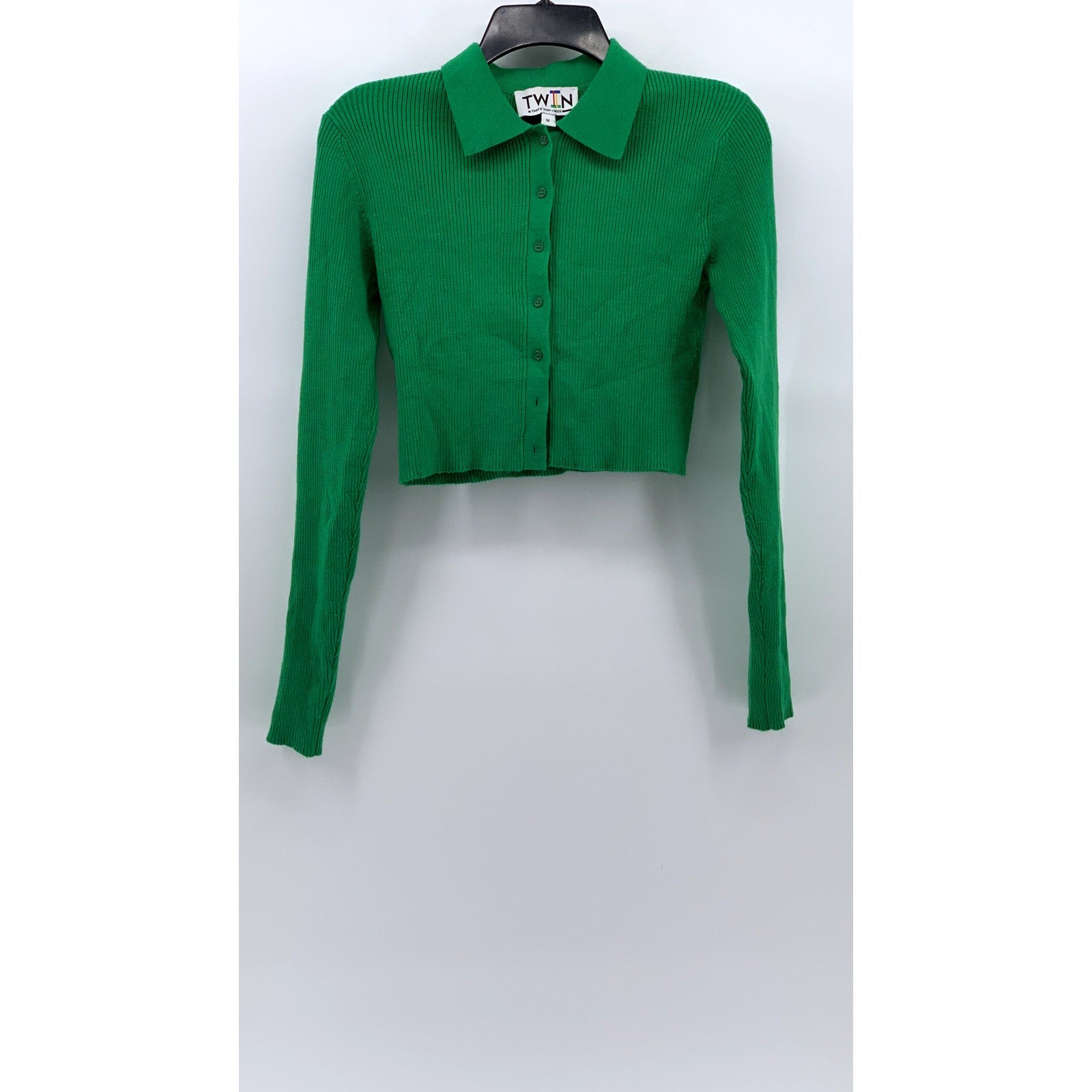 TWIN Women's Dark Green Ribbed Button-Up Long Sleeve Cropped Top SZ M