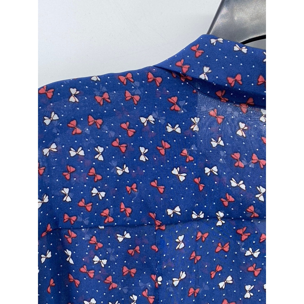 COTTON CANDY Women's Blue Mini Bow Print Button-Up Long Sleeve Sheer Top SZ M