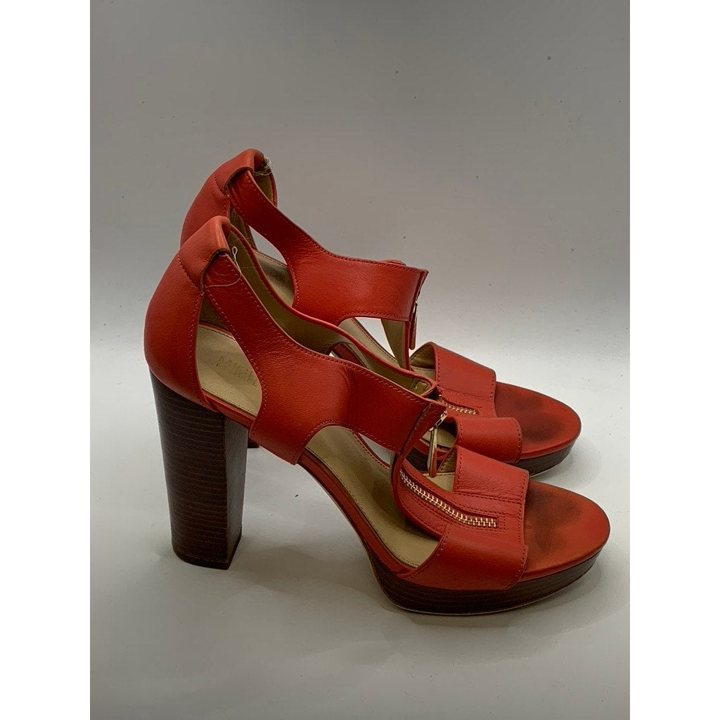 MICHAEL KORS Women's Red Coral Leather Berkley T-Strap Platform Heels SZ 7