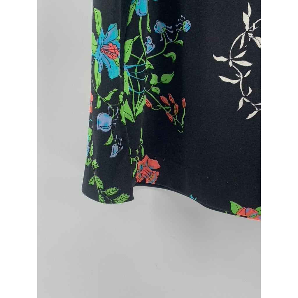 UNBRANDED Women's Black-Blue Green Floral Print Pull-On A-line Midi Skirt SZ M