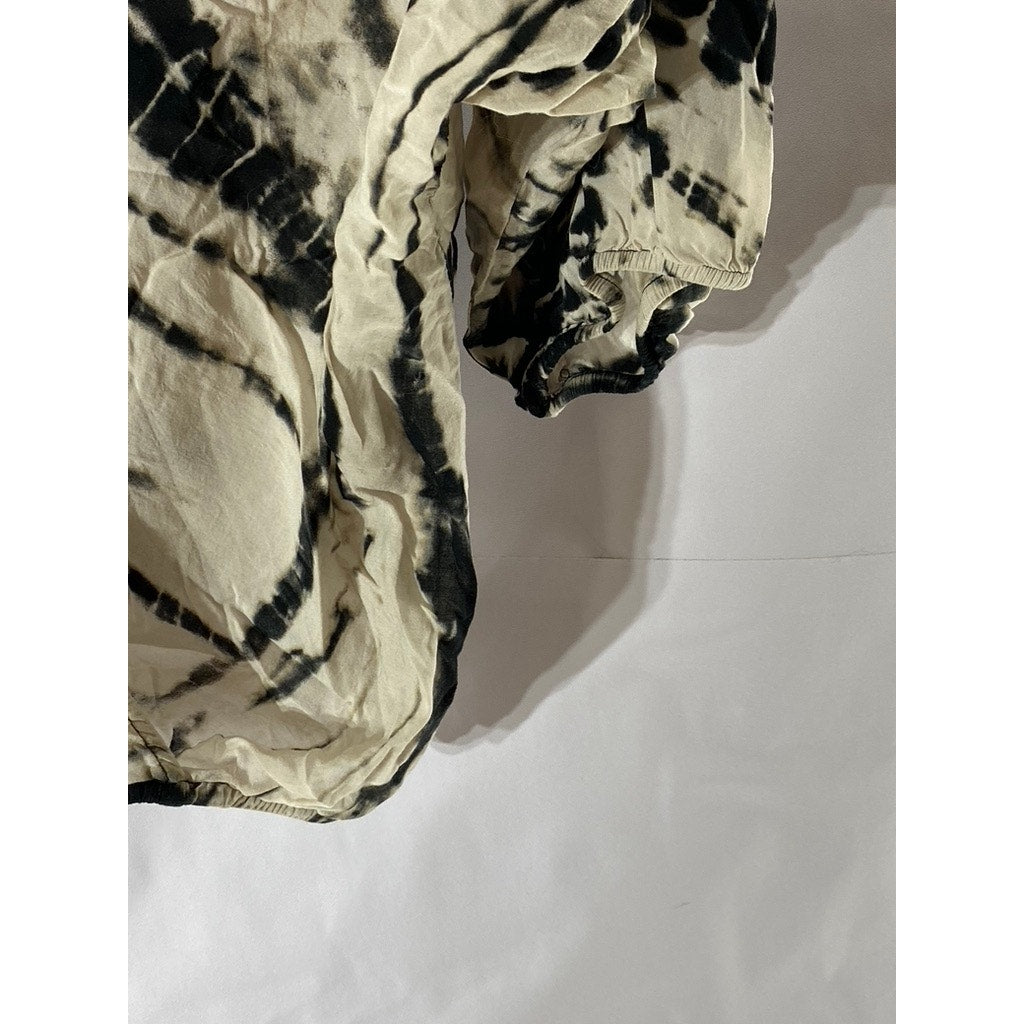 FORVER 21 Women's Beige-Black Surplice Tie-Dye Short Sleeve Relaxed-Fit Top SZ S