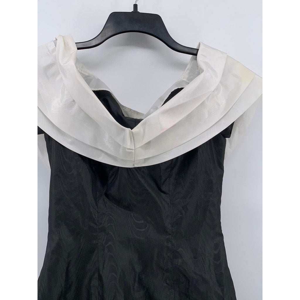 UNBRANDED Women's Black-White Pleated Shoulder Dress SZ S