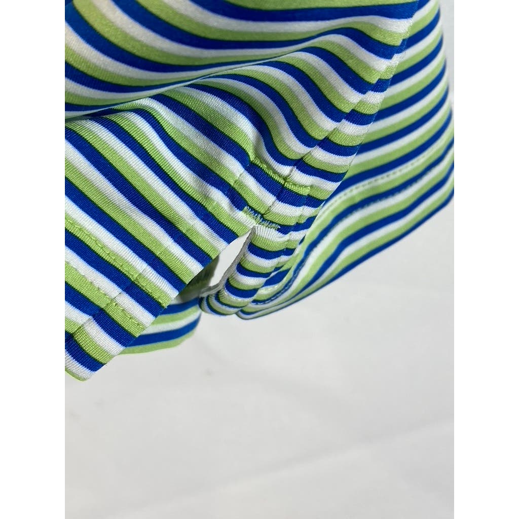 LANDS' END Men's Green/Blue Striped Shoe Graphic Short Sleeve Polo SZ M