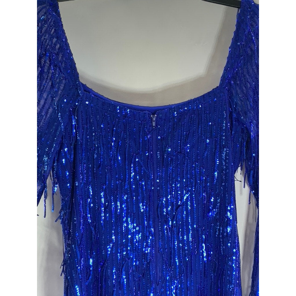 CITY TRIANGLES Juniors Blue Mesh Sequin Embellished Straight-Neck Mini Dress SZ7