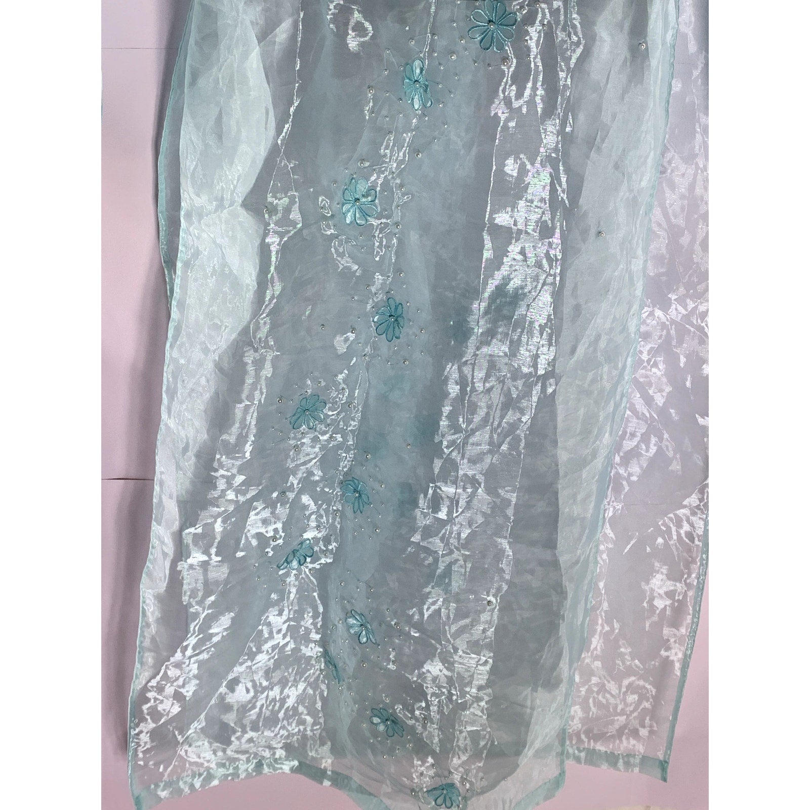 OANH NQA Women's Blue/Green Sheer 3-D Floral Long Sleeve Kurta SZ S