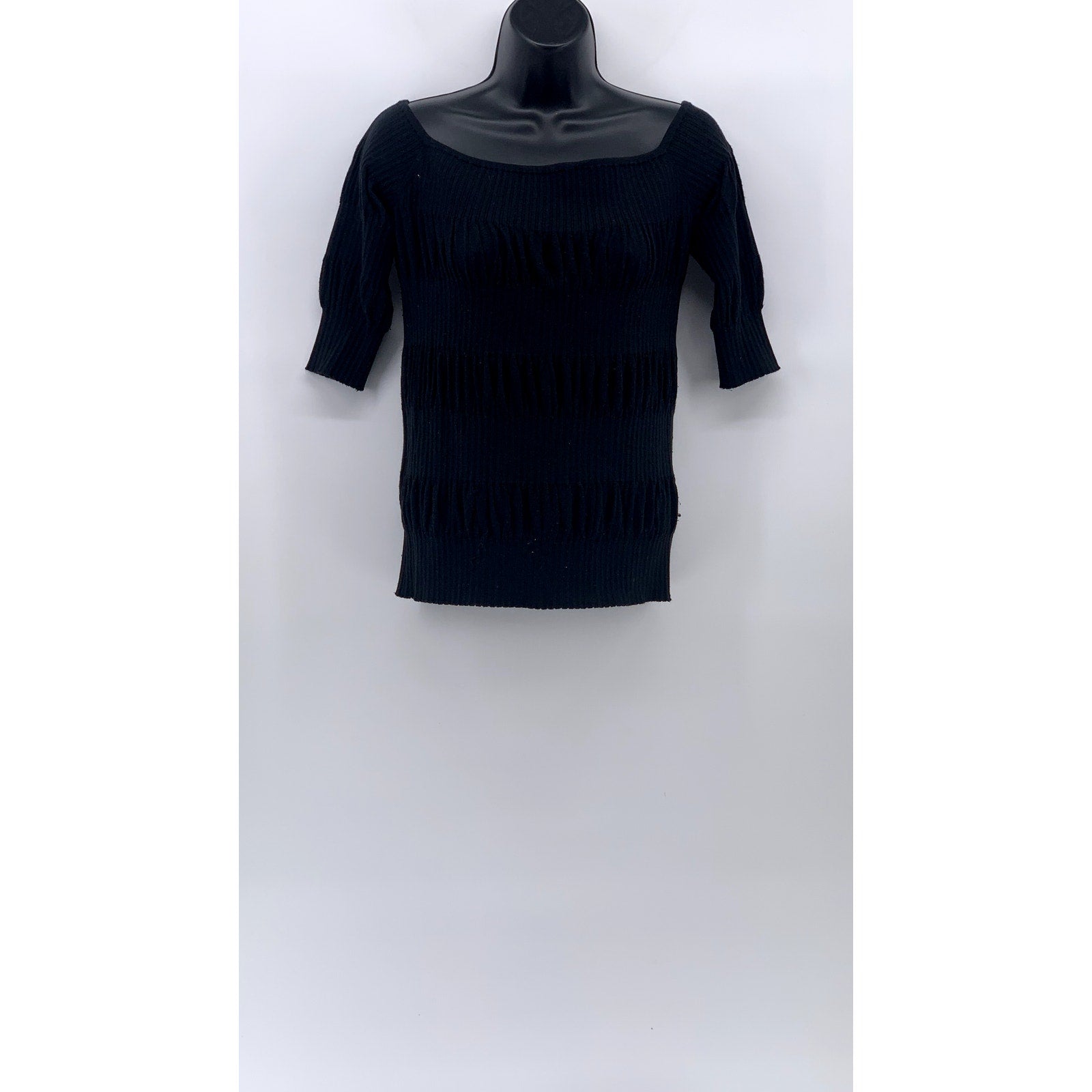 CLUB MONACO Women's Black Ribbed Boatneck Short Elbow Sleeve Top SZ S