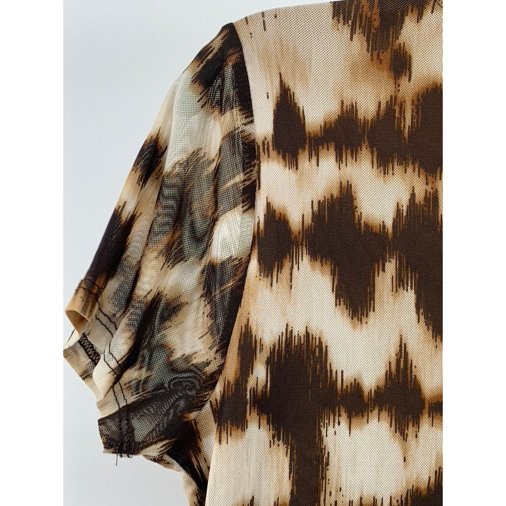 CALVIN KLEIN Women's Brown-Black Abstract Print Short Sleeve Crewneck Top M