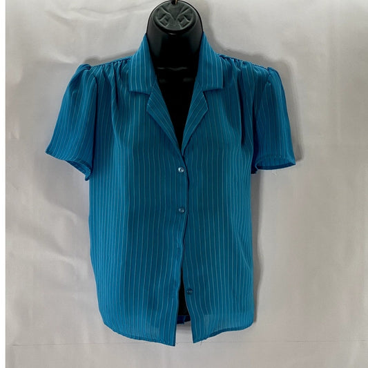 SO WHAT! Of California Women's Blue Striped V-Neck Button-Up Blouse SZ M