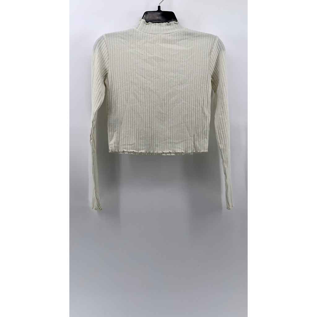 BP. Women's White Ribbed Lettuce-Trim Mock-Neck Crop Top SZ XS